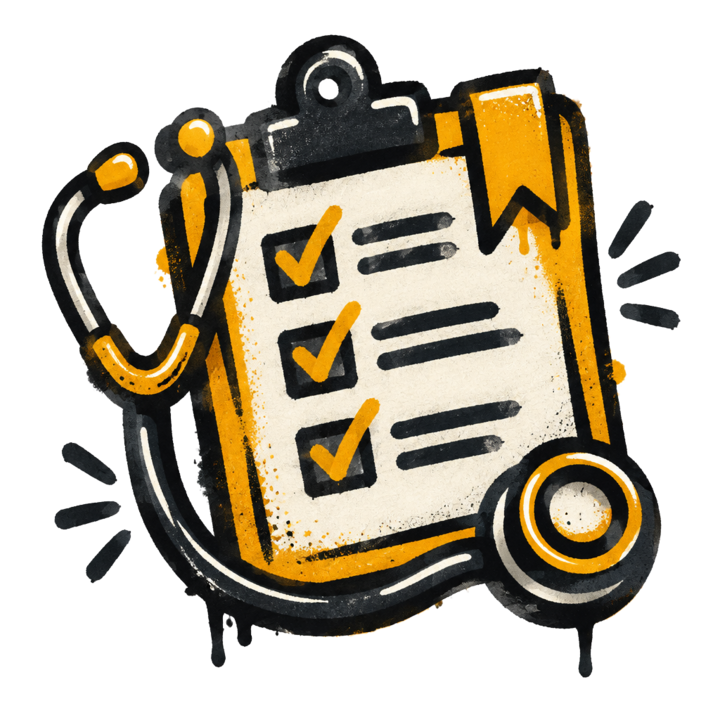 Graffiti-style clipboard with checkmarks and a stethoscope