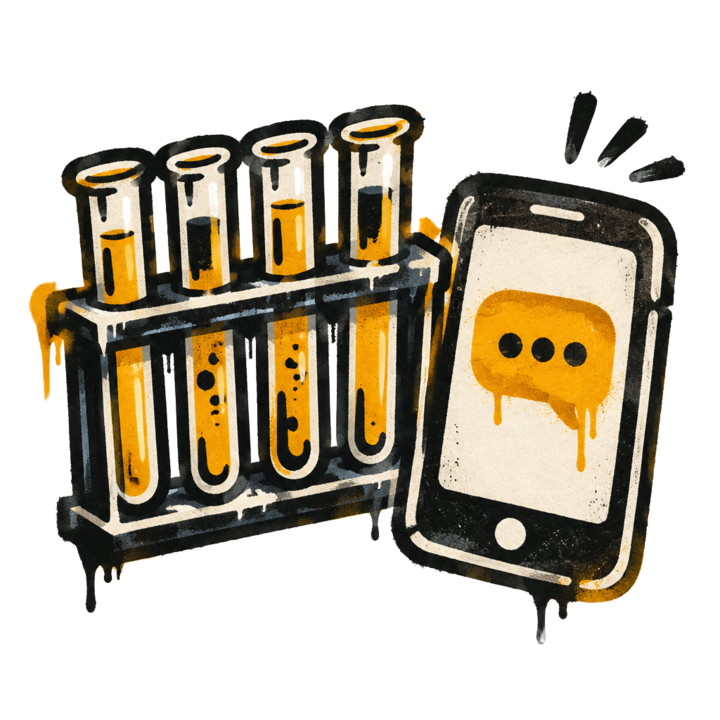 Graffiti-style test tube rack beside a phone with a chat bubble
