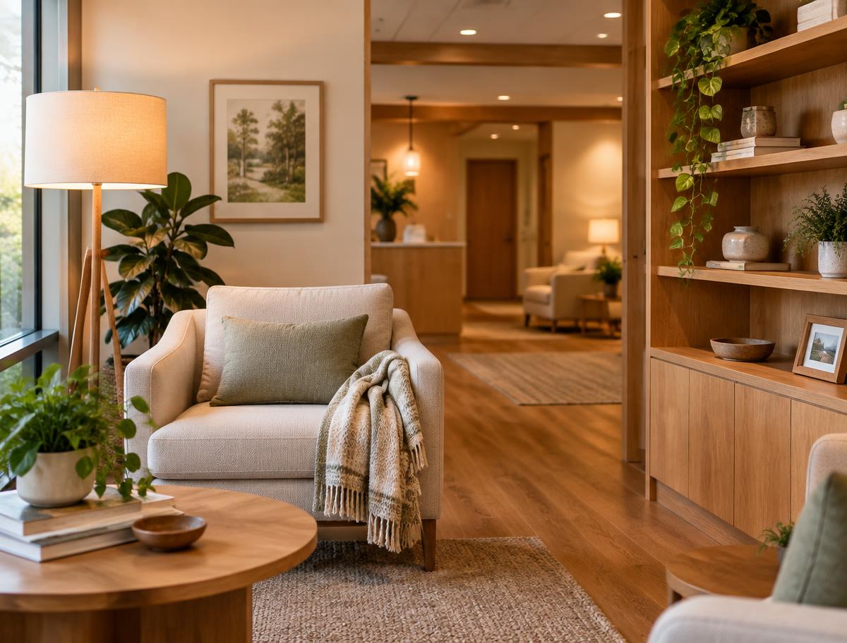 Cozy, warmly lit clinic interior